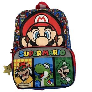 Super Mario Bros Backpack NWT Kid School 16" Bowser Yoshi Toad Star Charm Galaxy